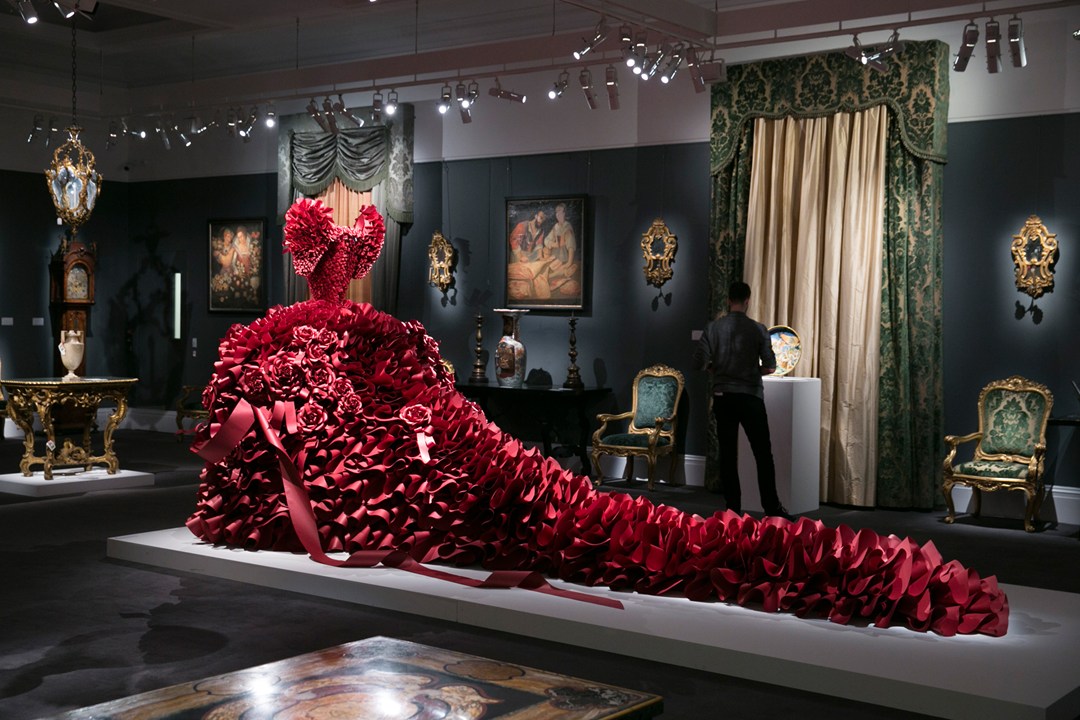 Zoe Bradley's red paper dress sculpture was unveiled at Sotherby's