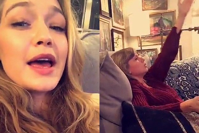 Gigi Hadid and Taylor Swift took to Snapchat during a viewing of Grease Live, posting video of themselves singing along to Hopelessly Devoted To You.