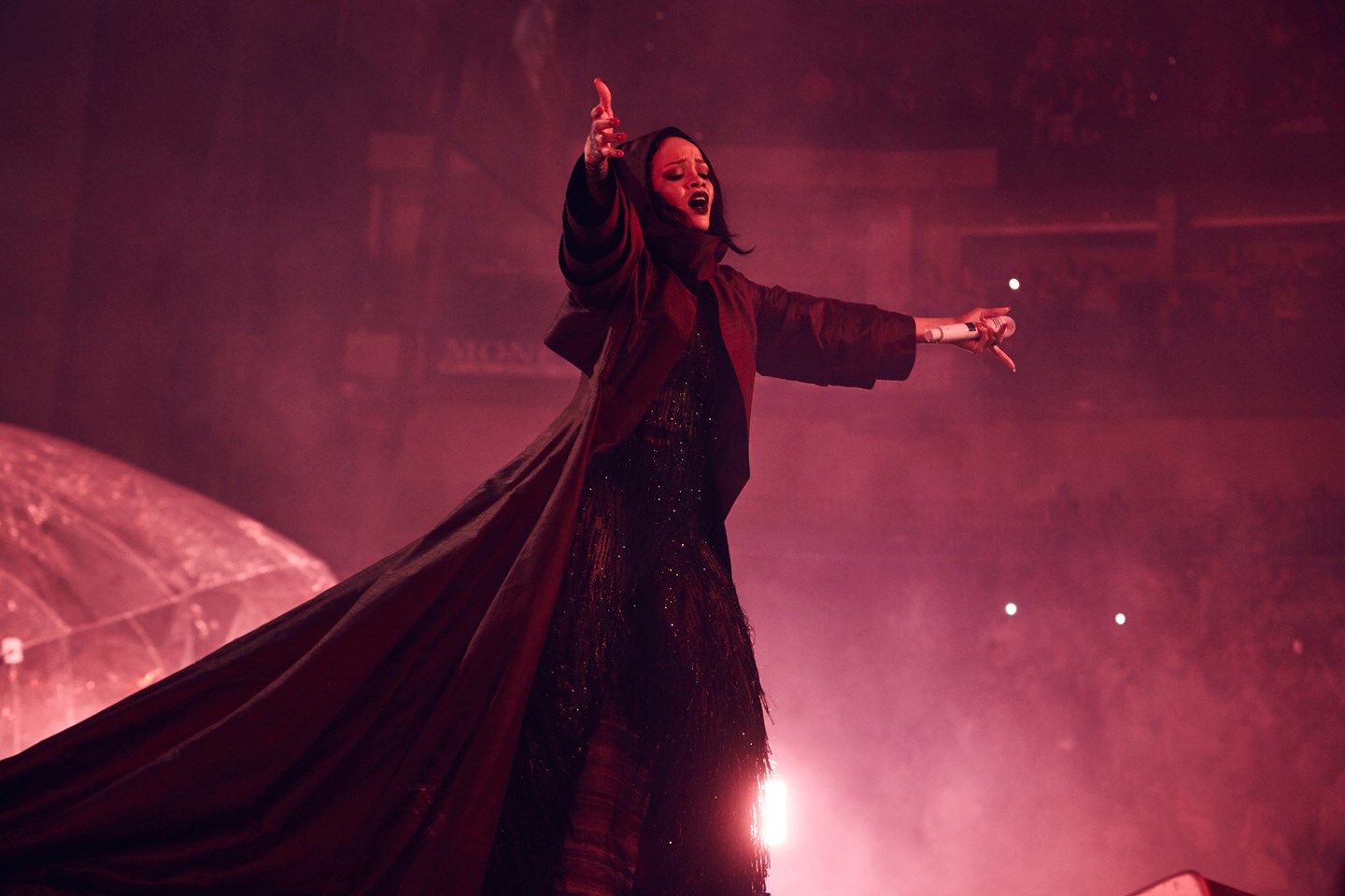 Rihanna during her ANTI world tour wearing a bespoke Giorgio Armani outfit for her final act.