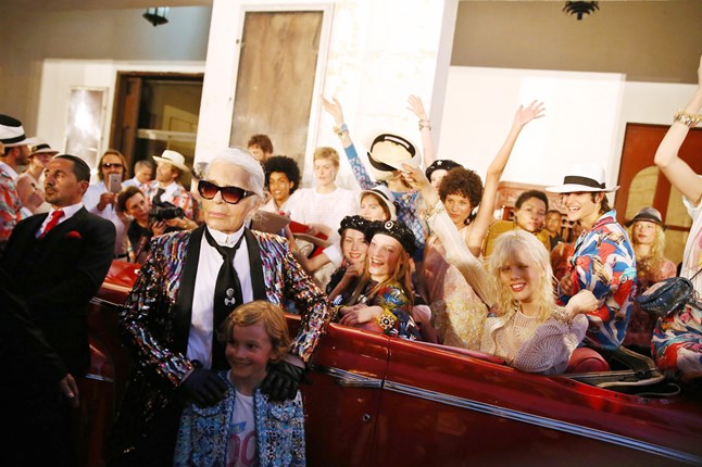 Karl Lagerfeld poses with god-son Hudson Kroenig outside the Chanel show in the Cuban capital. The Cuban captial was the shows first international’s fashion show to be held in Cuba since communist revolution in 1959. 