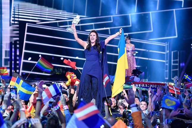 Eurovision entree, Jamala from Ukraine, celebrates winning the contest in Stockholm. 