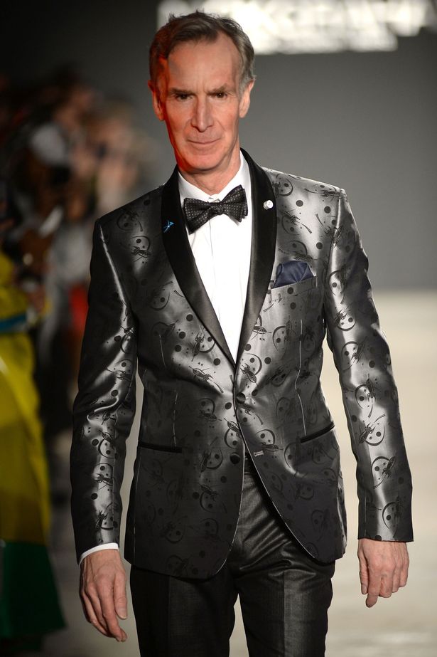 Bill Nye the science guy made his modelling debut at New York Fashion Week.  He wore a silver suit patterned with small rocket ships, and walked in Nick Graham's show.