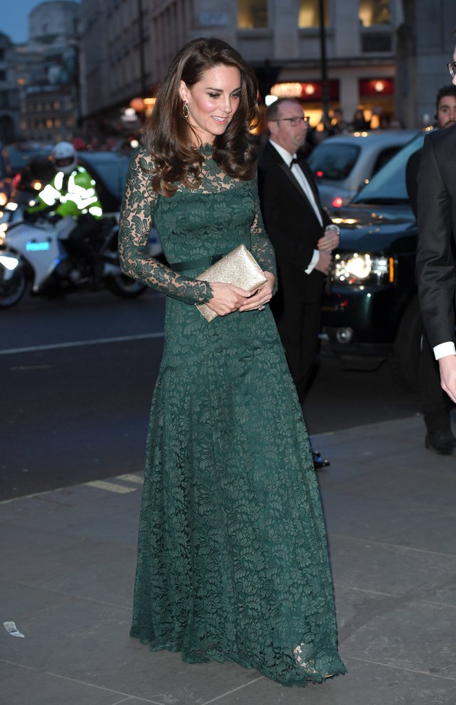 Kate Middleton attended the annual Portrait Gala in London, wearing a forest green dress by Temperley gown and gold accessories.
