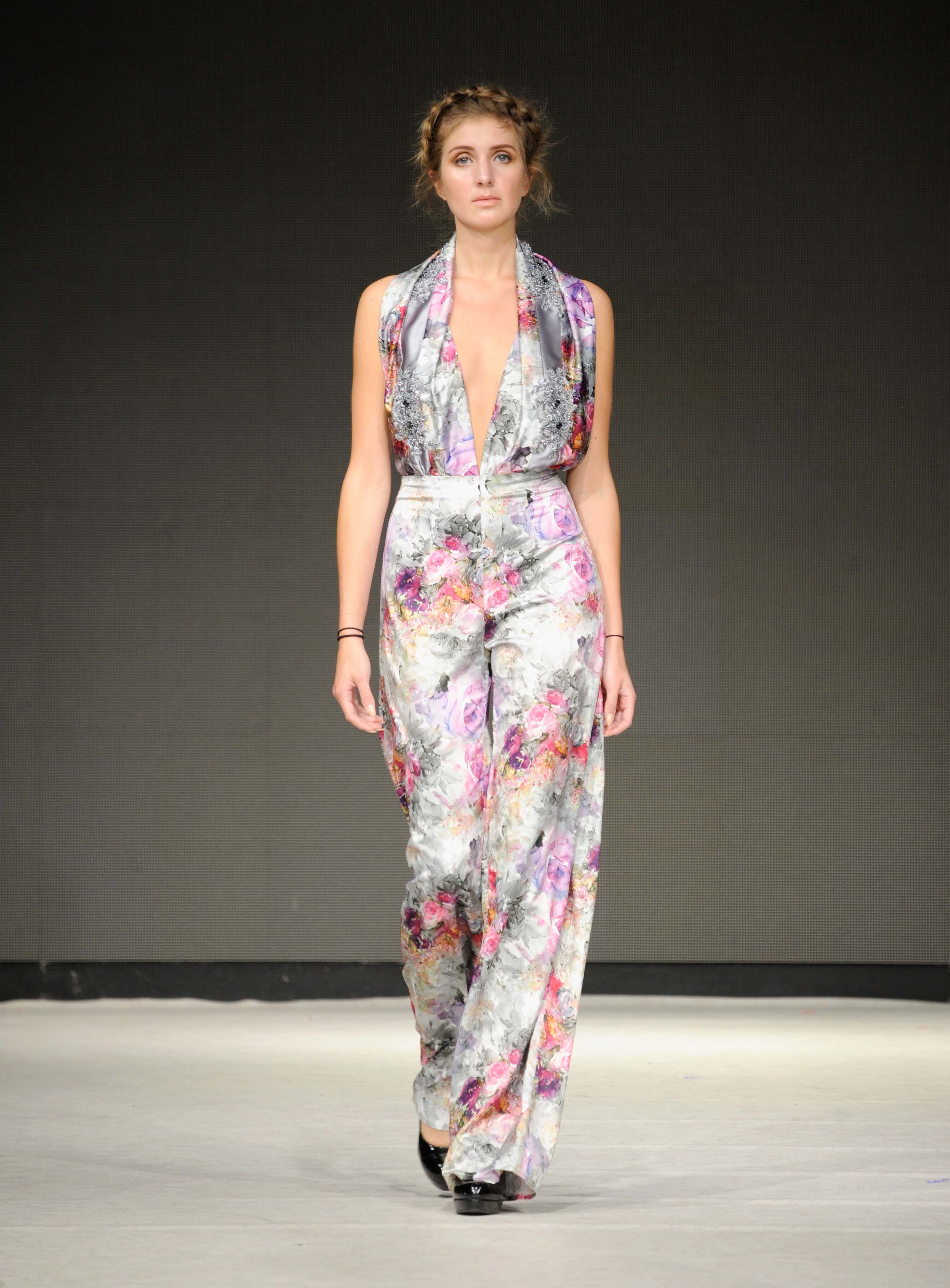 VANCOUVER, BC - SEPTEMBER 21:  A model walks the runway wearing Vanessa Rose Gallelli at 2017 Vancouver Fashion Week - Day 4  on September 21, 2017 in Vancouver, Canada.  (Photo by Arun Nevader/Getty Images for VFW Management INC)
