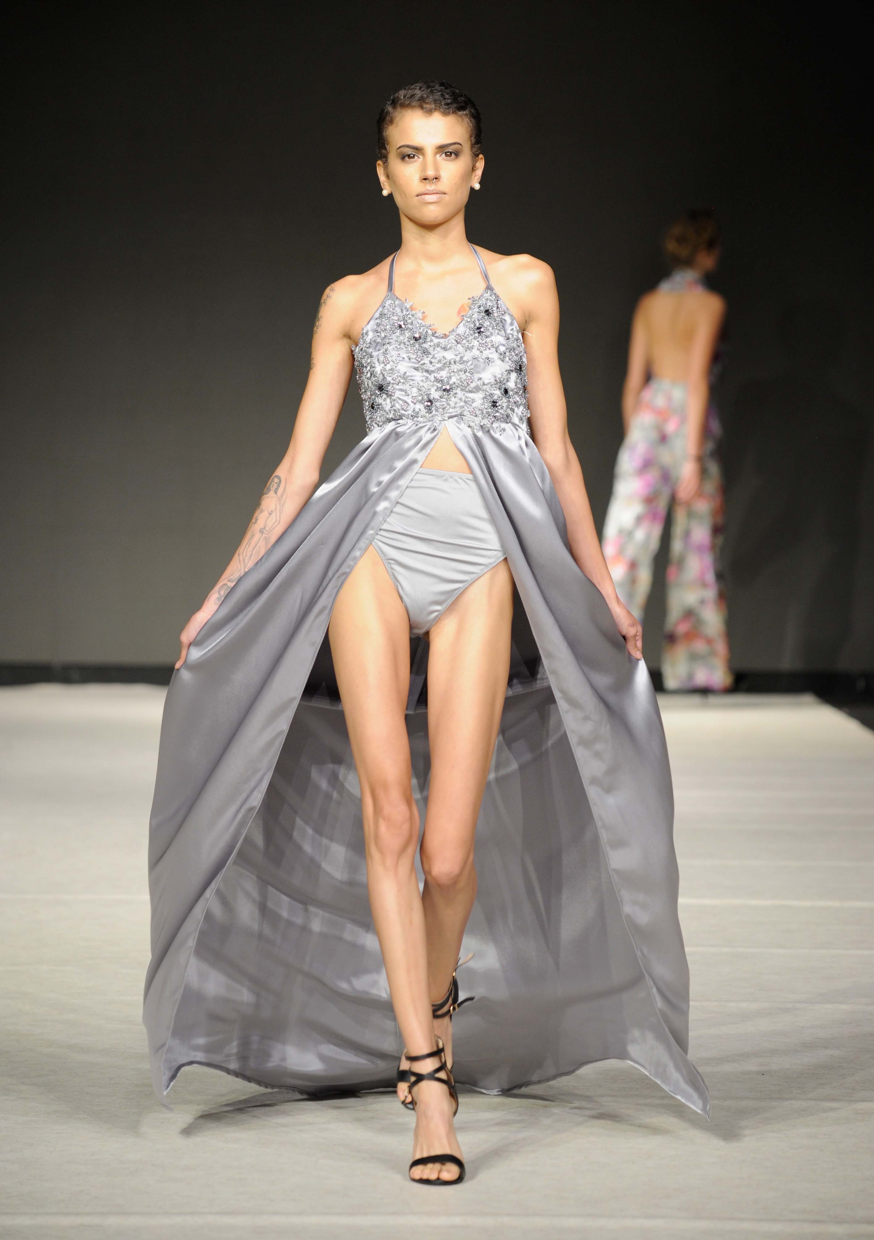 VANCOUVER, BC - SEPTEMBER 21:  A model walks the runway wearing Vanessa Rose Gallelli at 2017 Vancouver Fashion Week - Day 4  on September 21, 2017 in Vancouver, Canada.  (Photo by Arun Nevader/Getty Images for VFW Management INC)