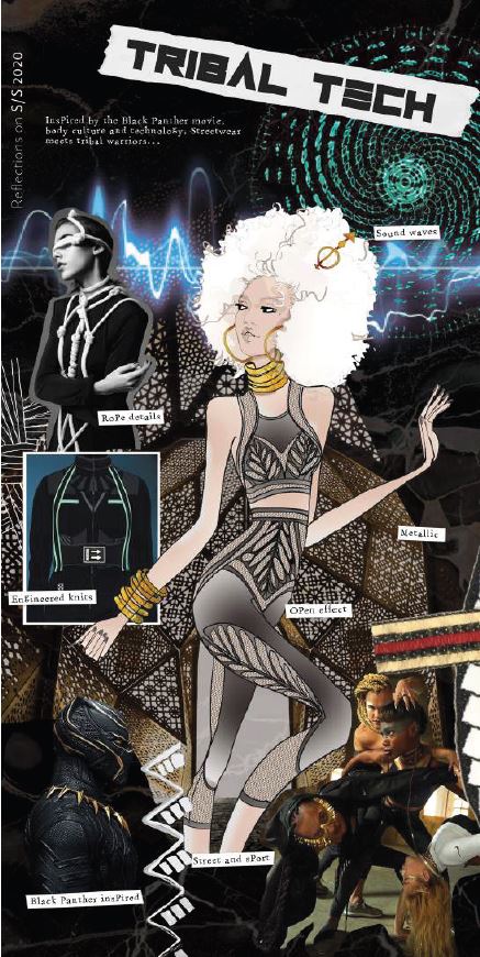 TRIBAL TECH
Inspired by the Black Panther movie, body culture and technology.
Streetwear meets tribal warriors.
Powerful and bold body decoration.
Geometrics, leather and metallic effects, graphics and bold lettering.
