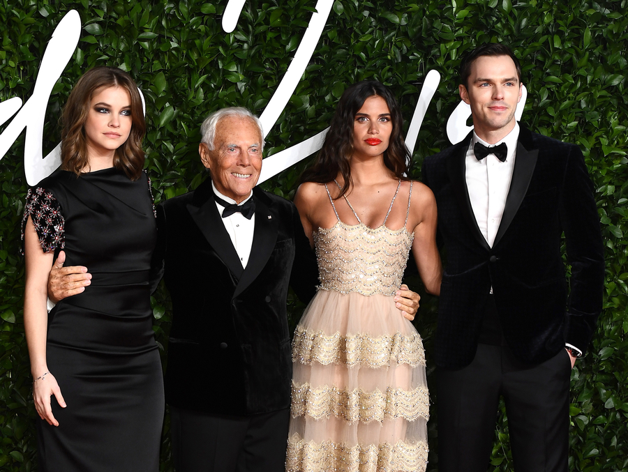 LONDON, ENGLAND - DECEMBER 02: (L-R) Barbara Palvin, Giorgio Armani, Sara Sampaio and Nicholas Hoult arrive at The Fashion Awards 2019 held at Royal Albert Hall on December 02, 2019 in London, England. (Photo by Jeff Spicer/BFC/Getty Images)