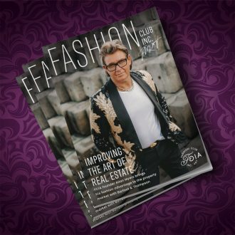 magazine mock up of Allan Myers on a fashion magazine in a white shirt and black and red jacket